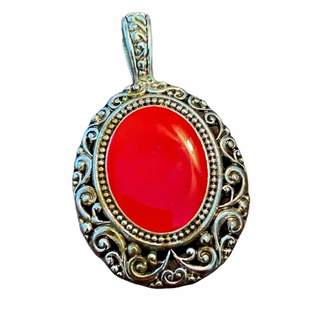 Vintage Faux Red Coral and Silver Pendant